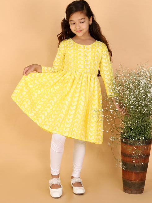 Girl's Yellow Pure Cotton Chikankari Kurta With Leggings